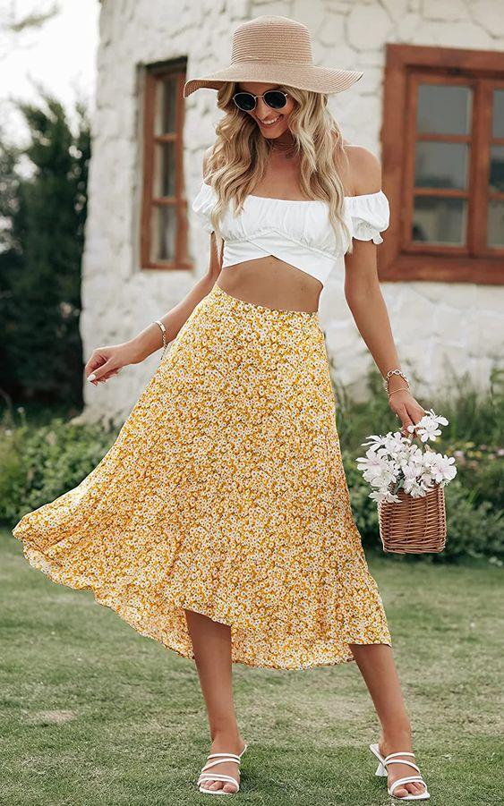yellow floral skirt + white off shoulder crop top in cute summer outfit ideas